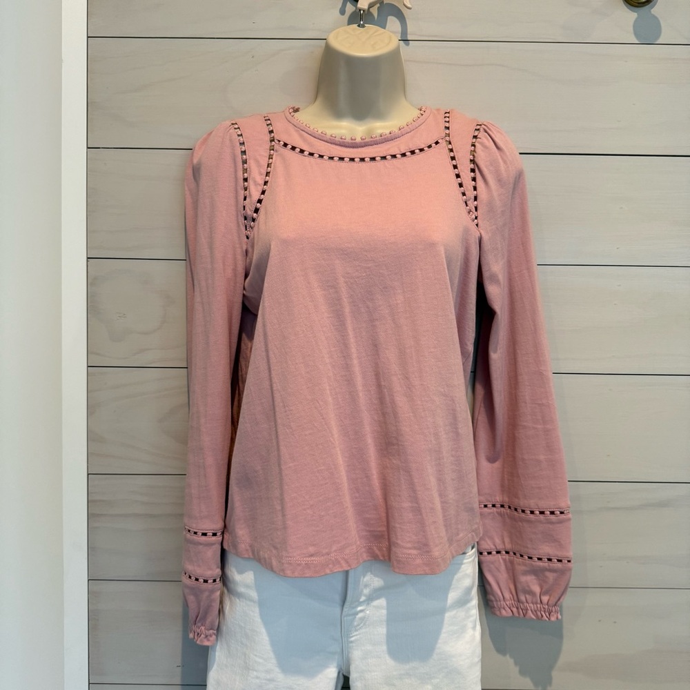 Boden Mila Long Sleeve Top Pink Pom Pom Trim Keyhole Back Cotton Size US 2